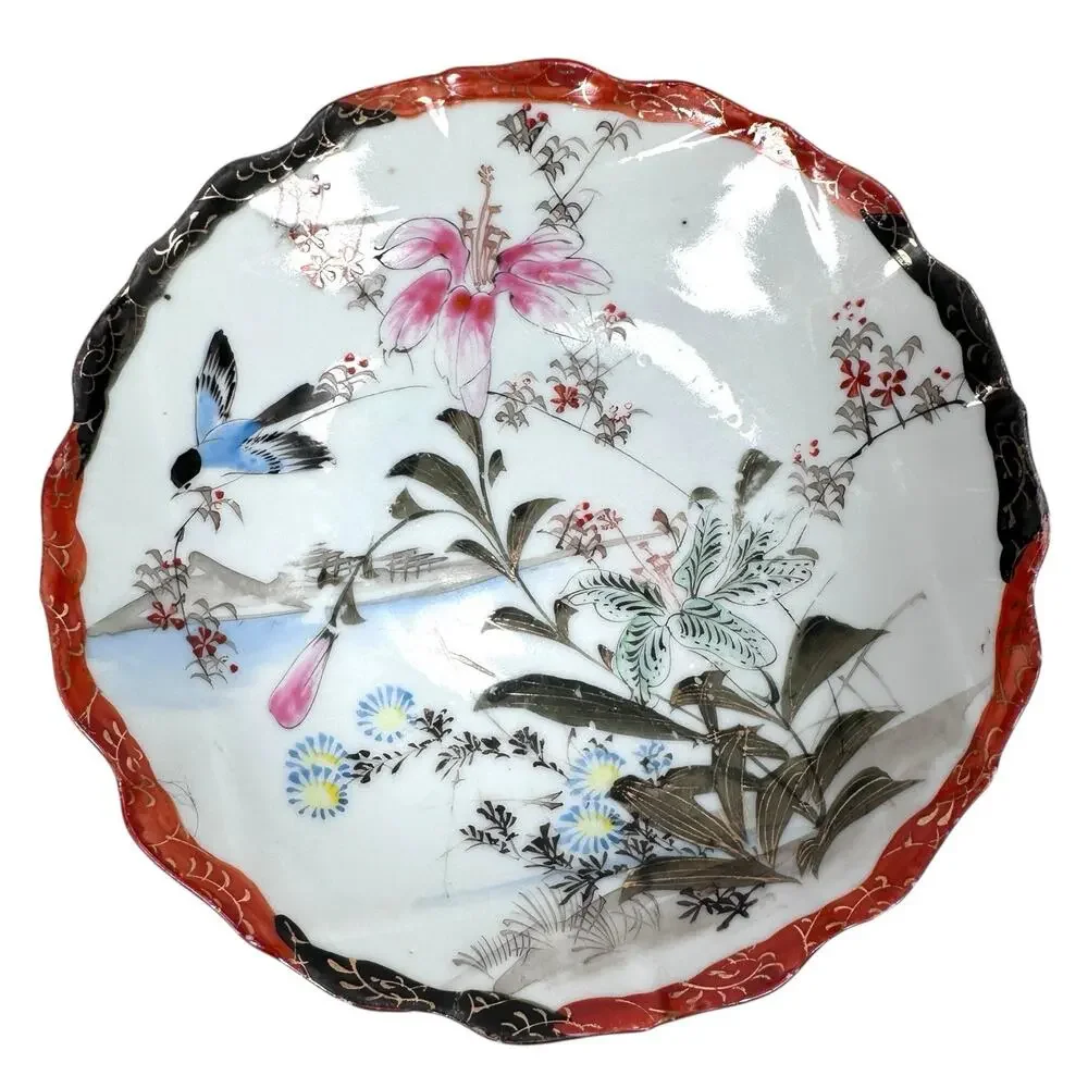 Antique Japanese Porcelain Plates Birds Floral Set of 4 High Rimmed Hand Painted